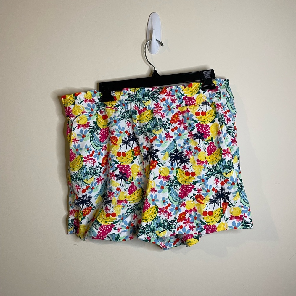 Loft Linen Blend Tropical Fruit Hawaiian Ruffle Waist Pull On Shorts Summer